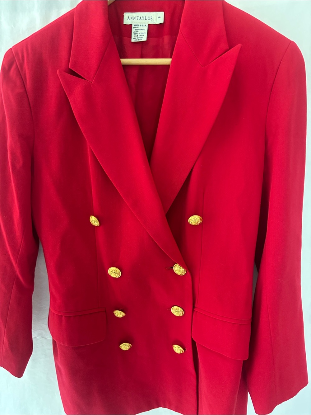 Ann Taylor Red Double-Breasted Blazer with Gold Buttons Vintage. All 12 Buttons